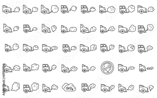 Traffic fumes icons set outline vector. Climate gas car. Traffic air auto photo