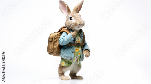 A rabbit with a backpack standing next to a camera