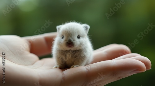 A small white hamster sitting on top of a person"s hand © Maria Starus
