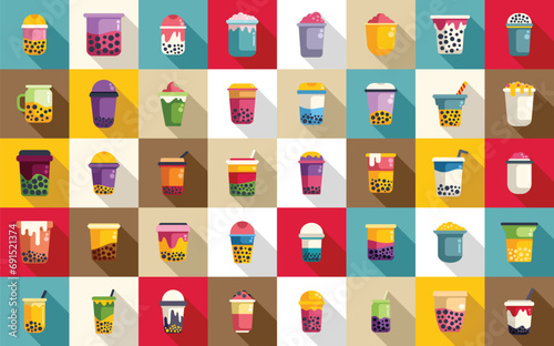 Bubble tea icons set flat vector. Asian balls cups. Drink milk tea