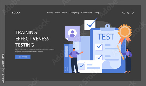 Trainers evaluate upskilling results with a test. Focused on ensuring trainee expertise, the scene highlights exam success and the pursuit of excellence. Benchmarking training outcomes. Flat vector.