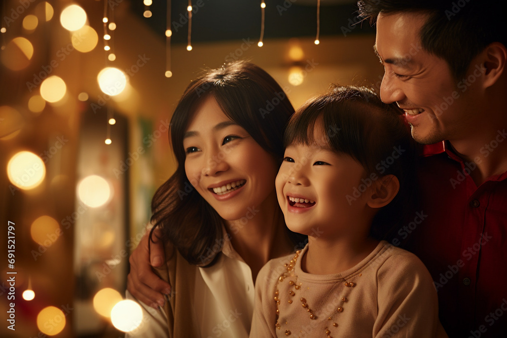 Asian family at home, parents and kids having fun in their living room, creating a joyful atmosphere - obrazy, fototapety, plakaty 