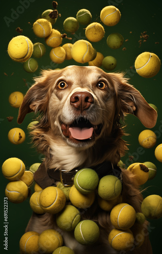 A dog surrounded by tennis balls photo