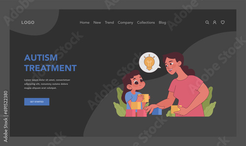Autism Treatment theme portrayed with a nurturing moment of play therapy, enlightening a child's learning journey. Flat vector illustration