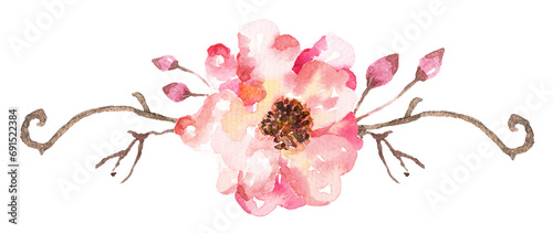 Fototapeta Naklejka Na Ścianę i Meble -  Drawings of twigs with leaves and roses,of watercolor flower elements for invitation cards. Blooming flower paintings for summer hand painted floral pattern.Autumn.
