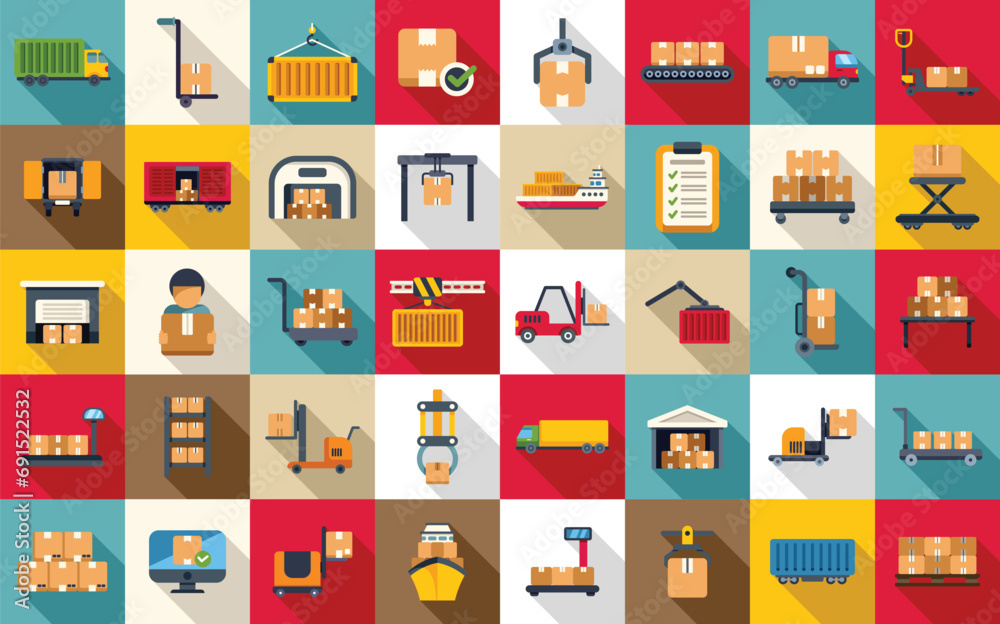Loading of goods icons set flat vector. Delivery package box. Container equipment Loading of goods icons set flat vector. Delivery package box. Container equipment