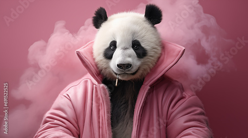 A panda in a pink jacket surrounded by pastel smoke photo