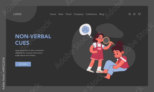 Non-verbal cues concept. Girl with magnifying glass observes distressed child, understanding emotions beyond words. Perception of body signals. Recognizing unspoken feelings. Flat vector illustration