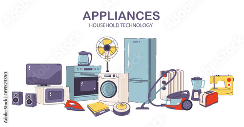 Household and kitchen appliances set. Banner with electrical devices. Flat vector illustration