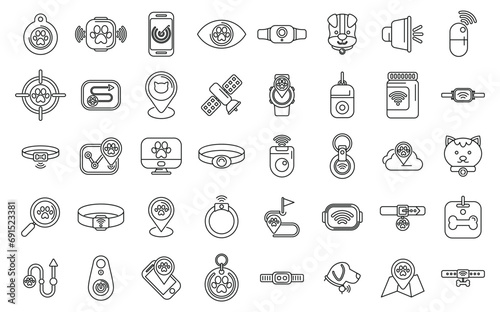 Pet tracker icons set outline vector. Animal care control. Dog alarm lost
