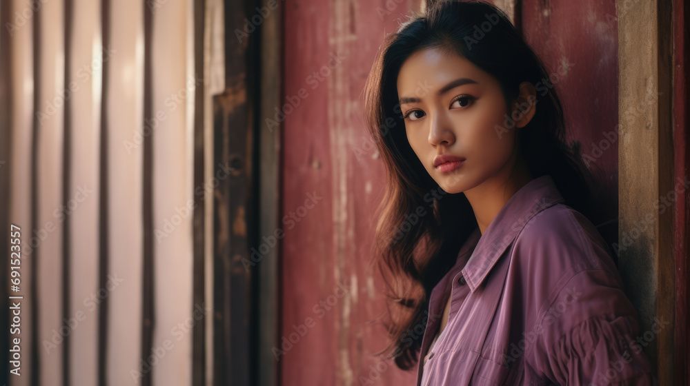Fototapeta premium Young Asian woman in a city scene