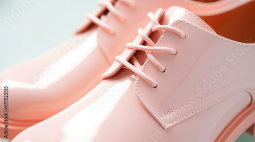 Minimal concept female accessory fashion in peach fuzz color, trend of 2024 year. Close-up of a detail of stylish leaver shoes. photo