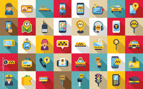 Taxi call icons set flat vector. App online travel. Application service drive