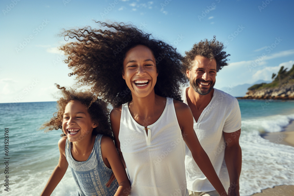 Fototapeta premium family on the sea coast, woman, man, and daughter, beach happiness