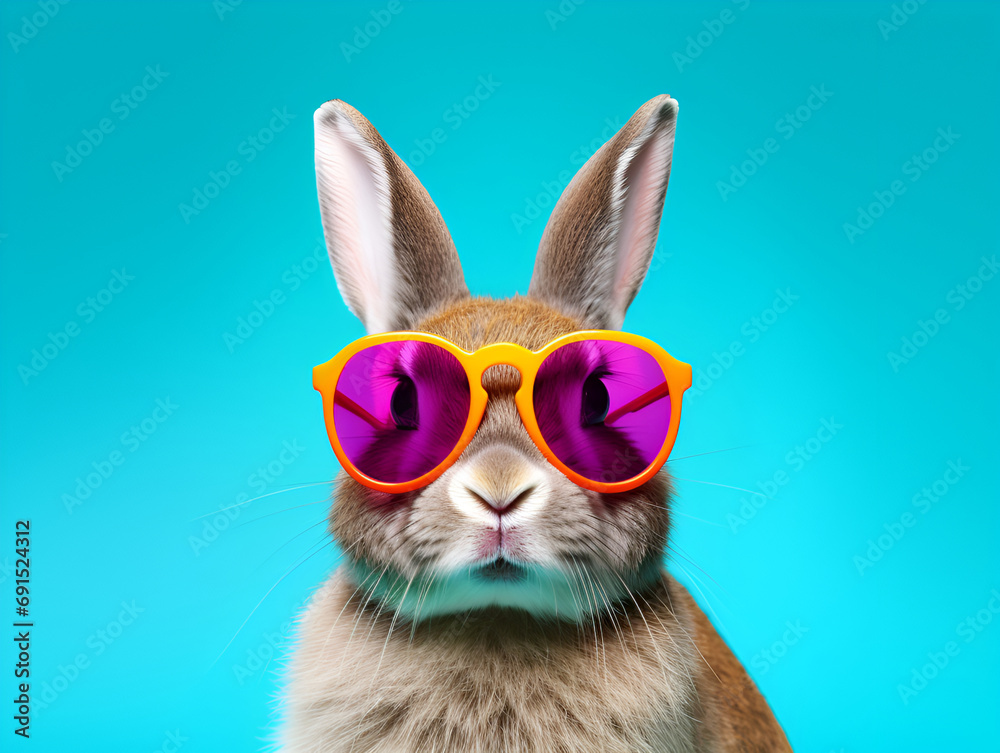 Cool bunny with sunglasses on blue background