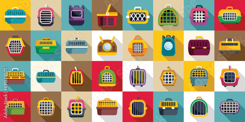 Cat carrier icons set flat vector. Cage canine carrier. Crate dog pet