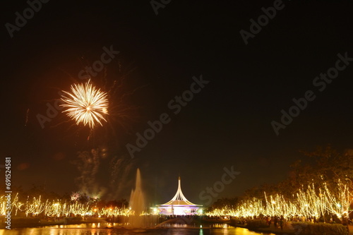 celebration fireworks and lighting at Suan Luang Rama 9 public park in Thailand on night