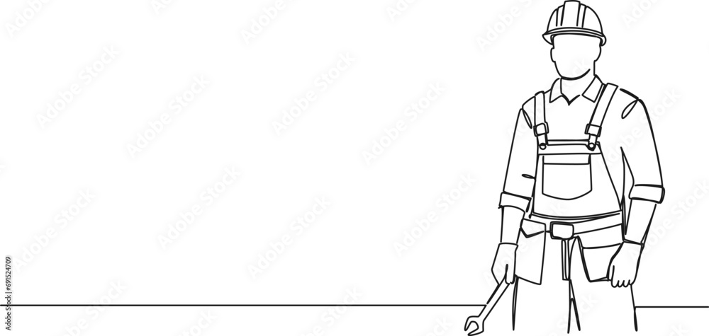 continuous single line drawing of construction worker wearing hard hat and holding wrench, line art vector illustration continuous single line drawing of construction worker wearing hard hat and holding wrench, line art vector illustration