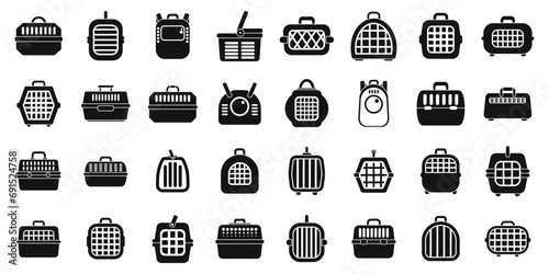 Cat carrier icons set simple vector. Cage canine carrier. Crate dog pet