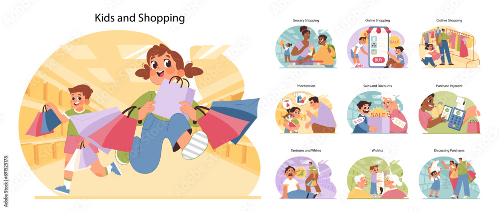 Kids and shopping set. Young consumers experiencing the retail world. Family grocery runs, online buys, mall excursions. Managing wants versus needs, joys of sales. Flat vector illustration