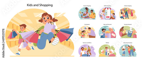 Kids and shopping set. Young consumers experiencing the retail world. Family grocery runs  online buys  mall excursions. Managing wants versus needs  joys of sales. Flat vector illustration