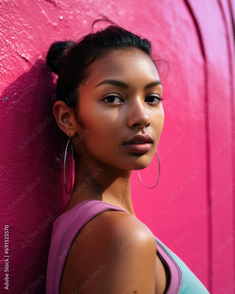 Fototapeta premium Young diverse woman against a vibrant colored wall