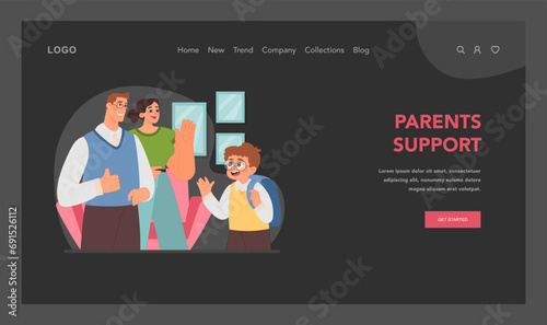 Parents support web or landing. Nurturing family celebrates child academic journey, reinforcing confidence with loving approval. Supportive mother and father wave as son leaves for school. Flat vector