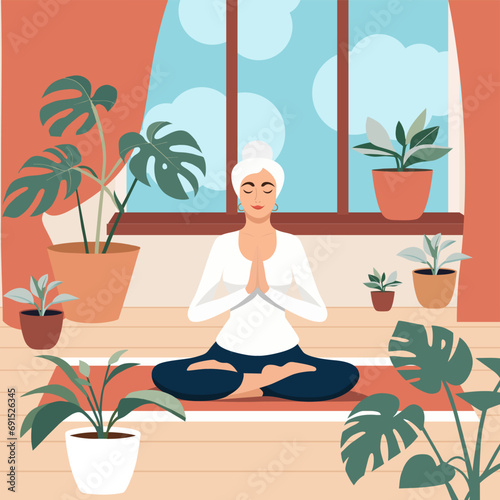 Senior lady meditating and doing yoga at home. Retirement life, slow living. Flat design