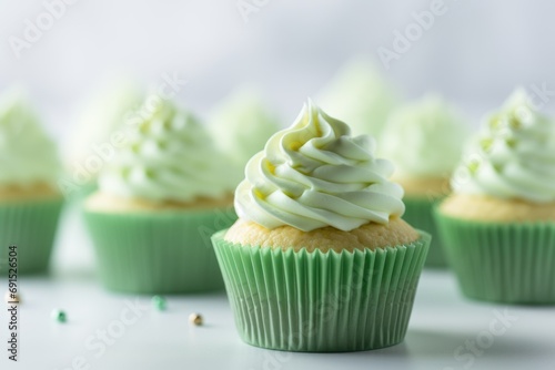Festive green cupcakes with green whipped cream and golden sprinkles on green background for St. Patrick's Day or Birthday party.