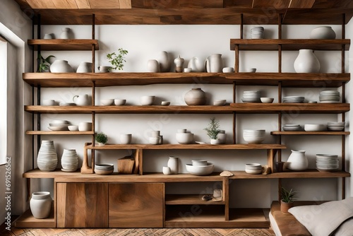 Floating wooden shelves showcasing unique pottery pieces