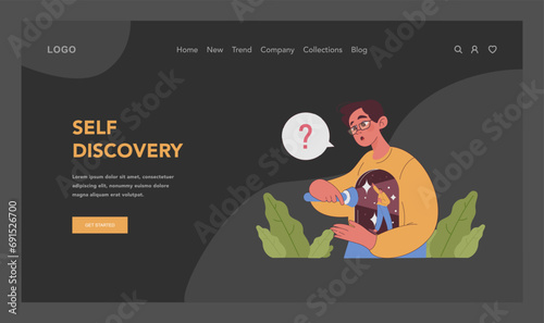 Self-discovery journey dark or night mode web, landing. Curious young man holding a flashlight, discovering his inner self. Exploration of identity, self-search, questioning. Flat vector illustration