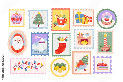 Christmas mail stamps set. New Year stickers on envelopes with festive Christmas illustrations. Hand drawn vector illustration.
