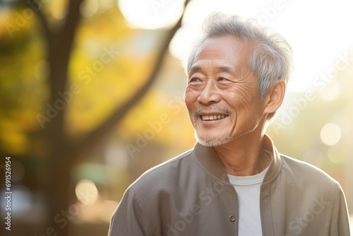 Elderly asian man outdoors with evening light and copy space.