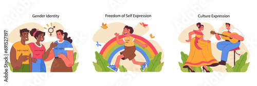 Self expression set. Embracing gender pronouns, celebrating joyous freedom, and cultural performances. Visual narrative of identity, happiness, and tradition. Flat vector illustration © inspiring.team