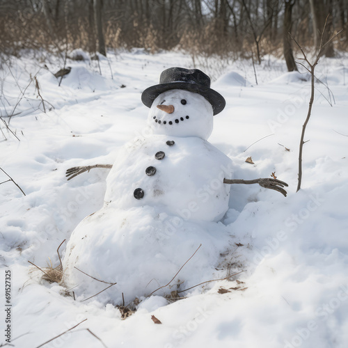 Snowman with black hat in the snowy taiga