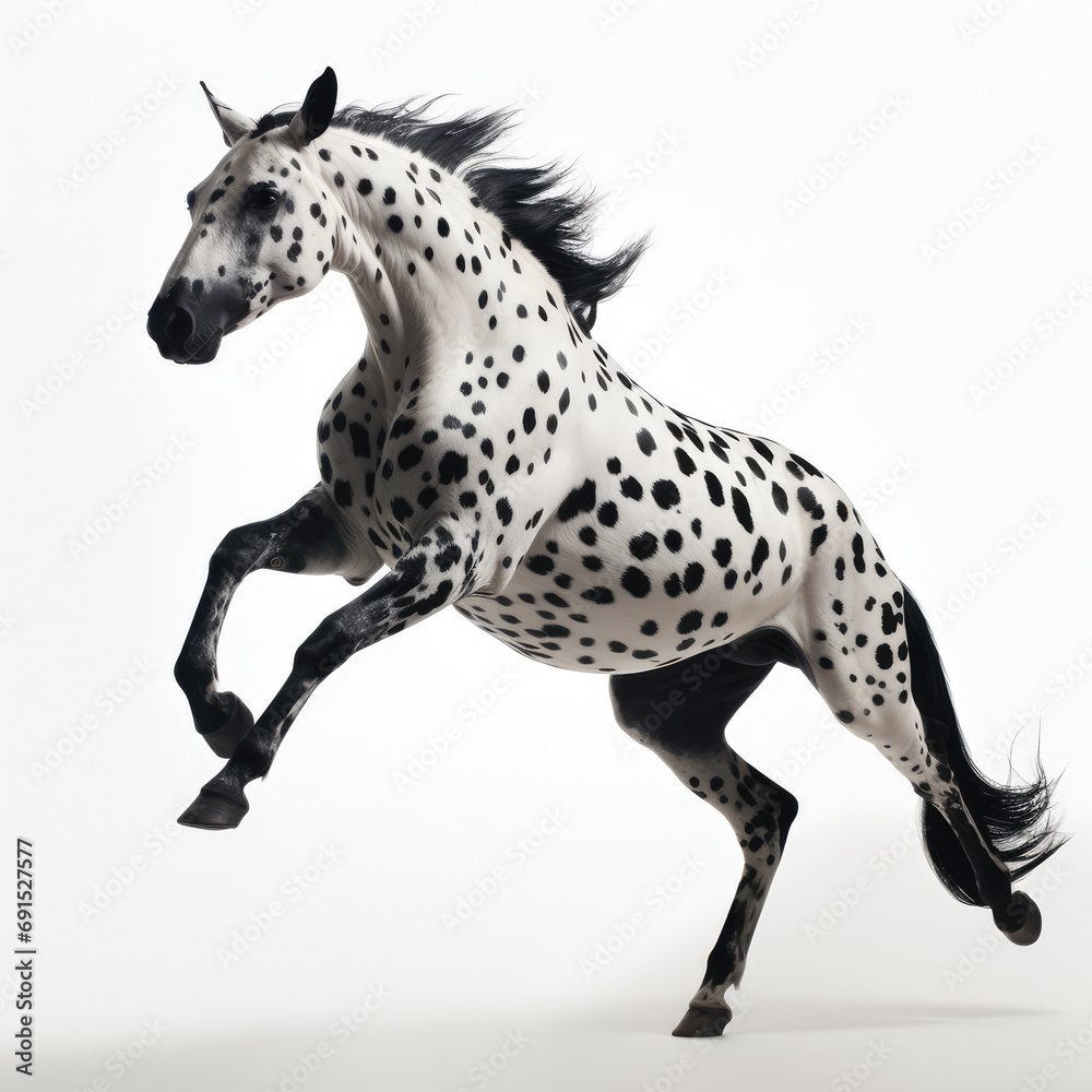 White horse with black spots runs briskly White horse with black spots runs briskly