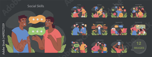 Social skills set. Skillset required for successful socialization. Emotional, interpersonal, and cultural intelligence. Effective communication and teamwork captured. Flat vector illustration