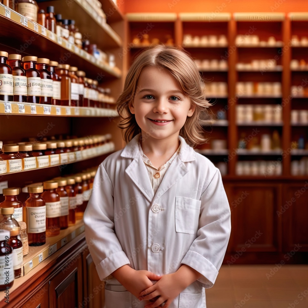 Young child pharmacist, smiling and confident, working in pharmacy