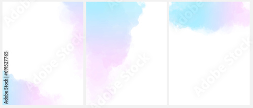 Set of 3 Delicate Abstract Watercolor Style Vector Layouts. Pastel Blue-Pink Paint Stains on a White Background. Blue-Pink Gradient Stains and Splatter Print Set. Rgb. Blanks with Watercolor Borders.