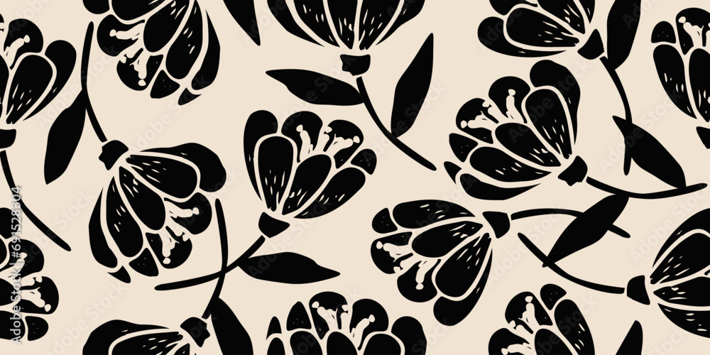 Flower seamless background. Minimalistic abstract floral pattern. Modern print in black and white background. Ideal for textile design, wallpaper, covers, cards, invitations and posters. - obrazy, fototapety, plakaty 