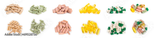 Vitamins and supplements. Variety of vitamin tablets isolated on a white background. Multivitamin complex for every day. Nutritional supplements. Time to drink pills.