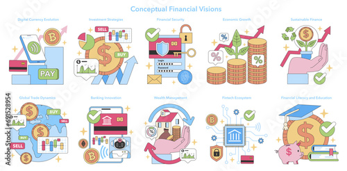 Financial Visions set. Digital payments, investment, security. Growth sustainability in finance. Global trade innovation, literacy Flat vector illustration