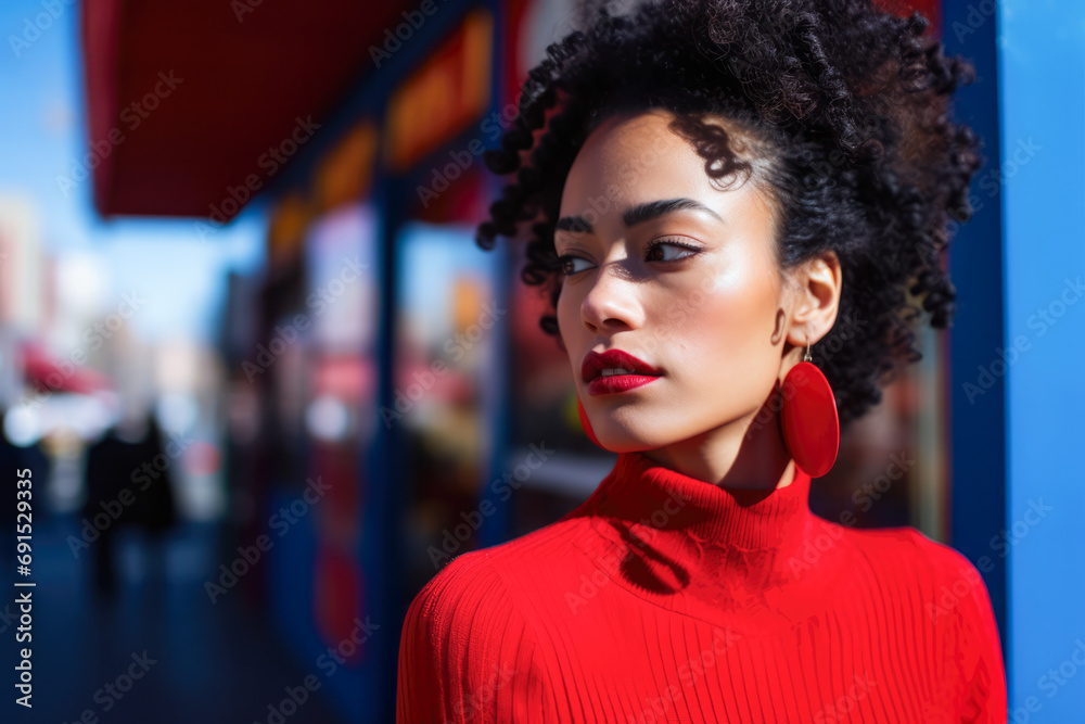 Black woman with curly hair on a cityscape Black woman with curly hair on a cityscape