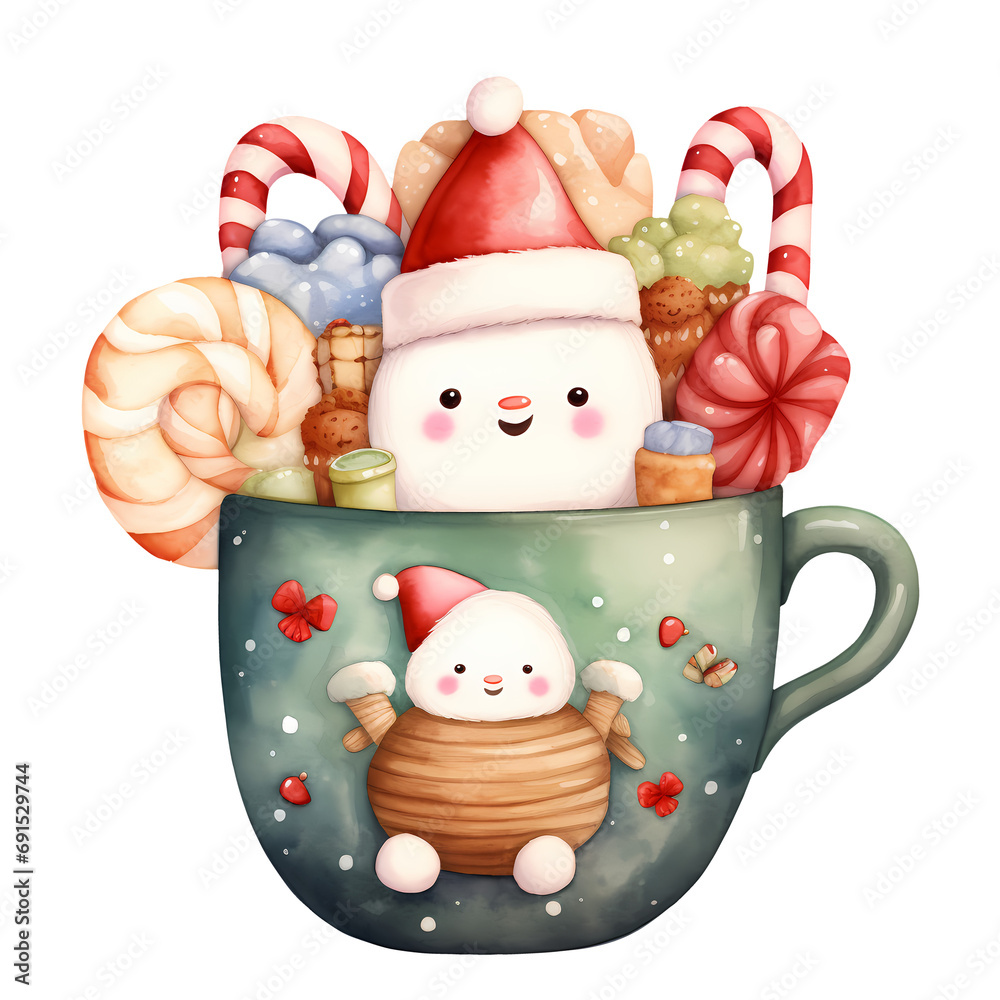 Fototapeta premium Cute Santa Mug Christmas Watercolor Clipart Illustration