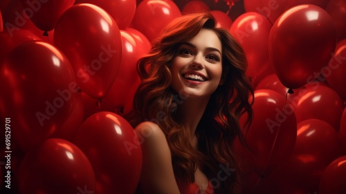 Happy yound and beautiful woman with heart-shaped red baloons © Artem
