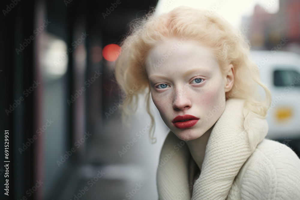 Albino woman portrait with a city scene background Albino woman portrait with a city scene background