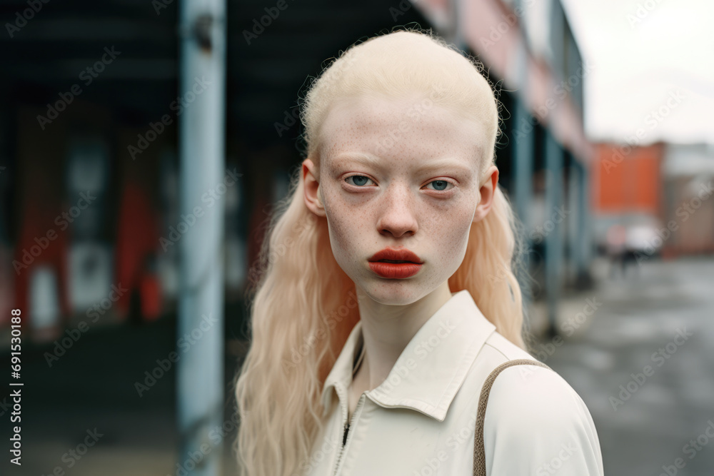 Albino woman portrait with a city scene background Albino woman portrait with a city scene background