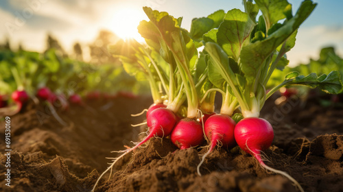 vegetables radish production and cultivation, green business, entrepreneurship harvest. Red photo