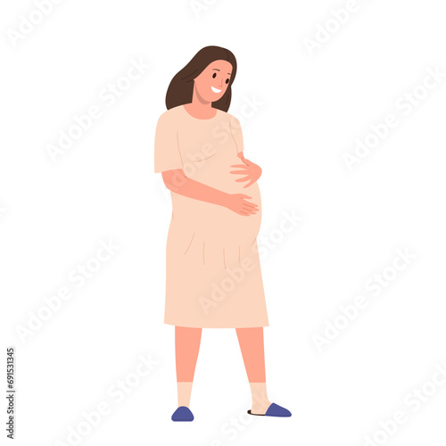 Happy smiling young pregnant woman cartoon character hugging her belly vector illustration