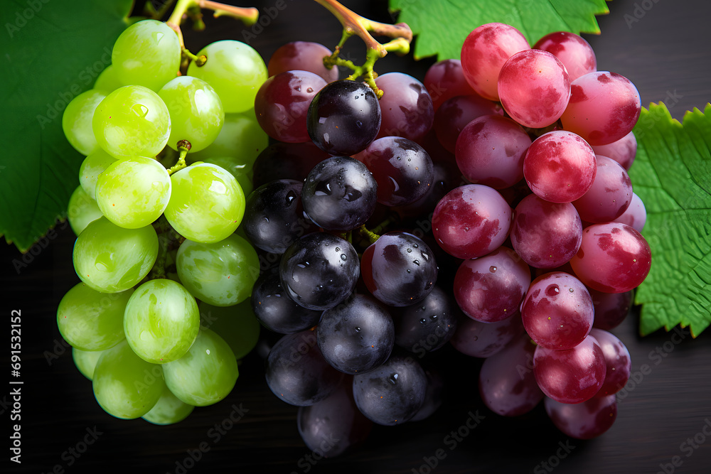 red, purple and green grapes isolated on dark background with clipping path,